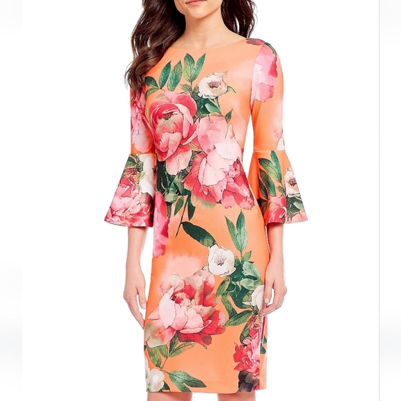 Calvin Klein Dresses & Skirts - Calvin Klein Orange Peach Floral Bell Sleeve Crepe Sheath‎ Dress Size 8 scuba